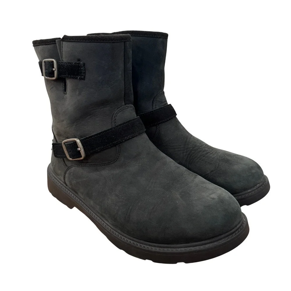 UGG Kinzey Kids 1117628K Black Nubuck Leather Moto Biker Boot Side Zip Buckle 6Y